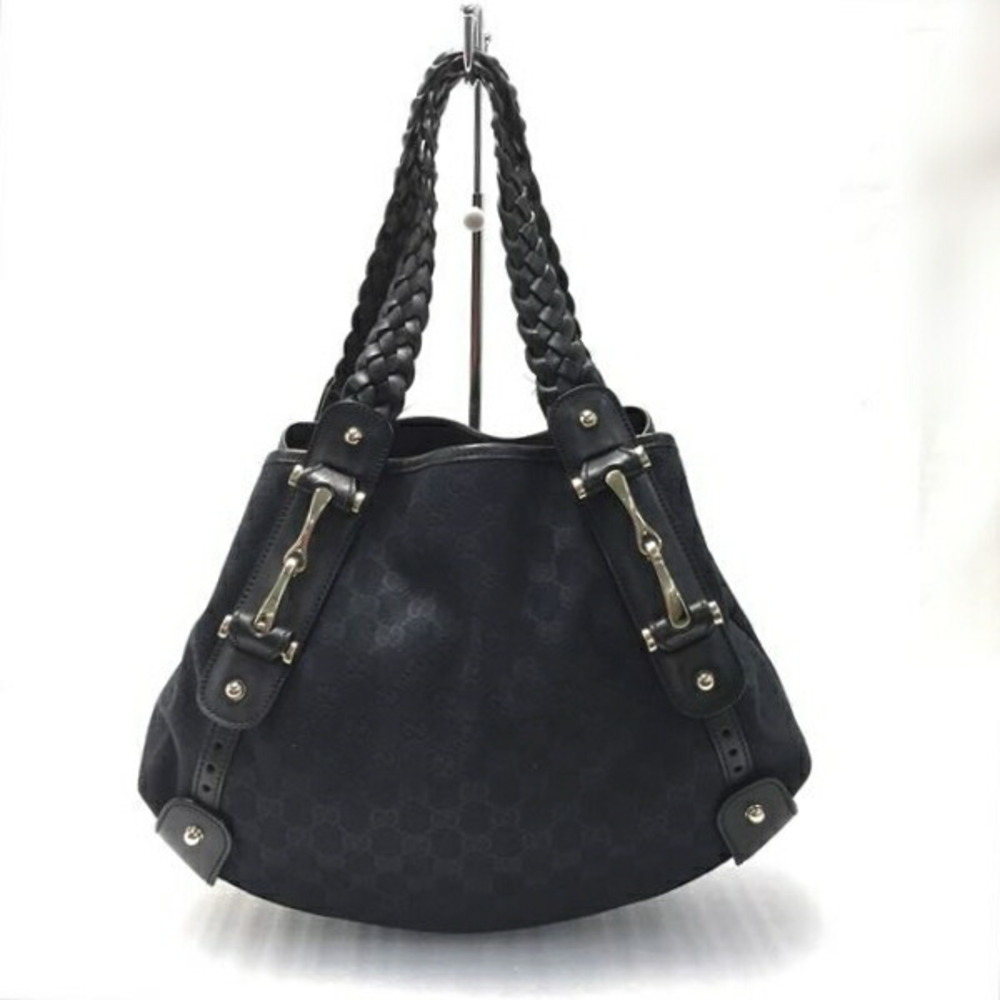 Gucci GG Canvas Braided Handle Tote Bag Black Horsebit Shoulder